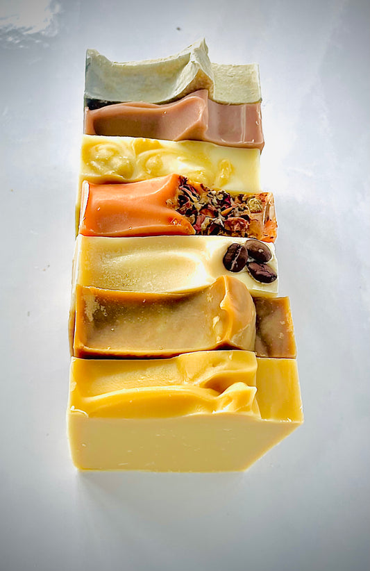 All Natural Soap Bars placed in a line with top view visible