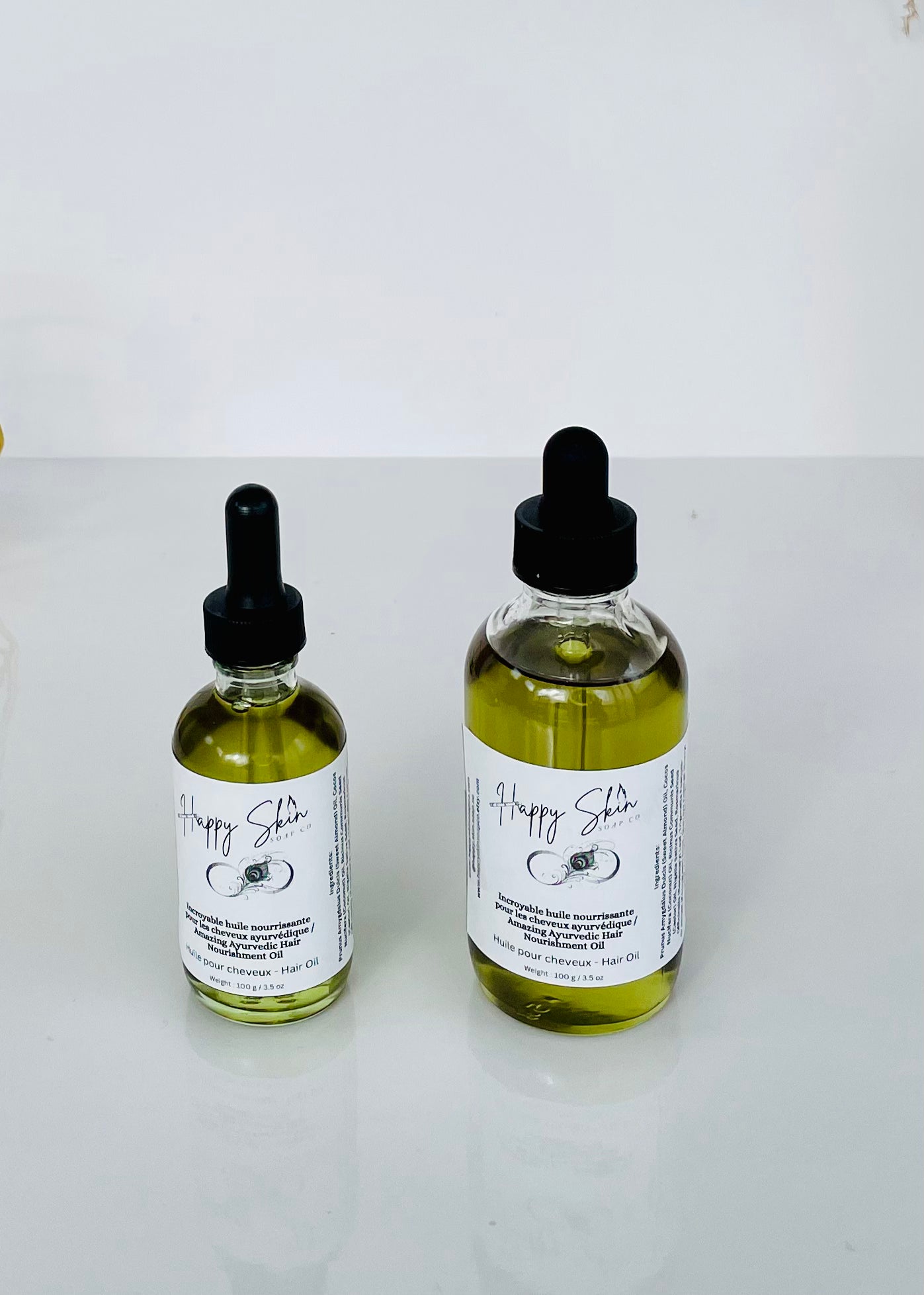 Happy Skin Soap Co's Ayurvedic Hair Nourishment Oil with luscious, nourishing natural ingredients and various sizes